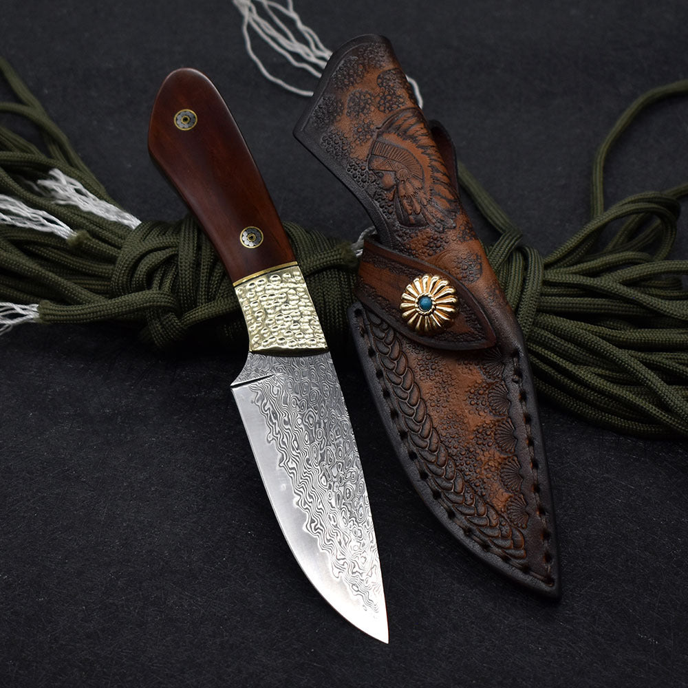 Damascus Steel Straight Pocket Knife High Hardness Camping Hunting