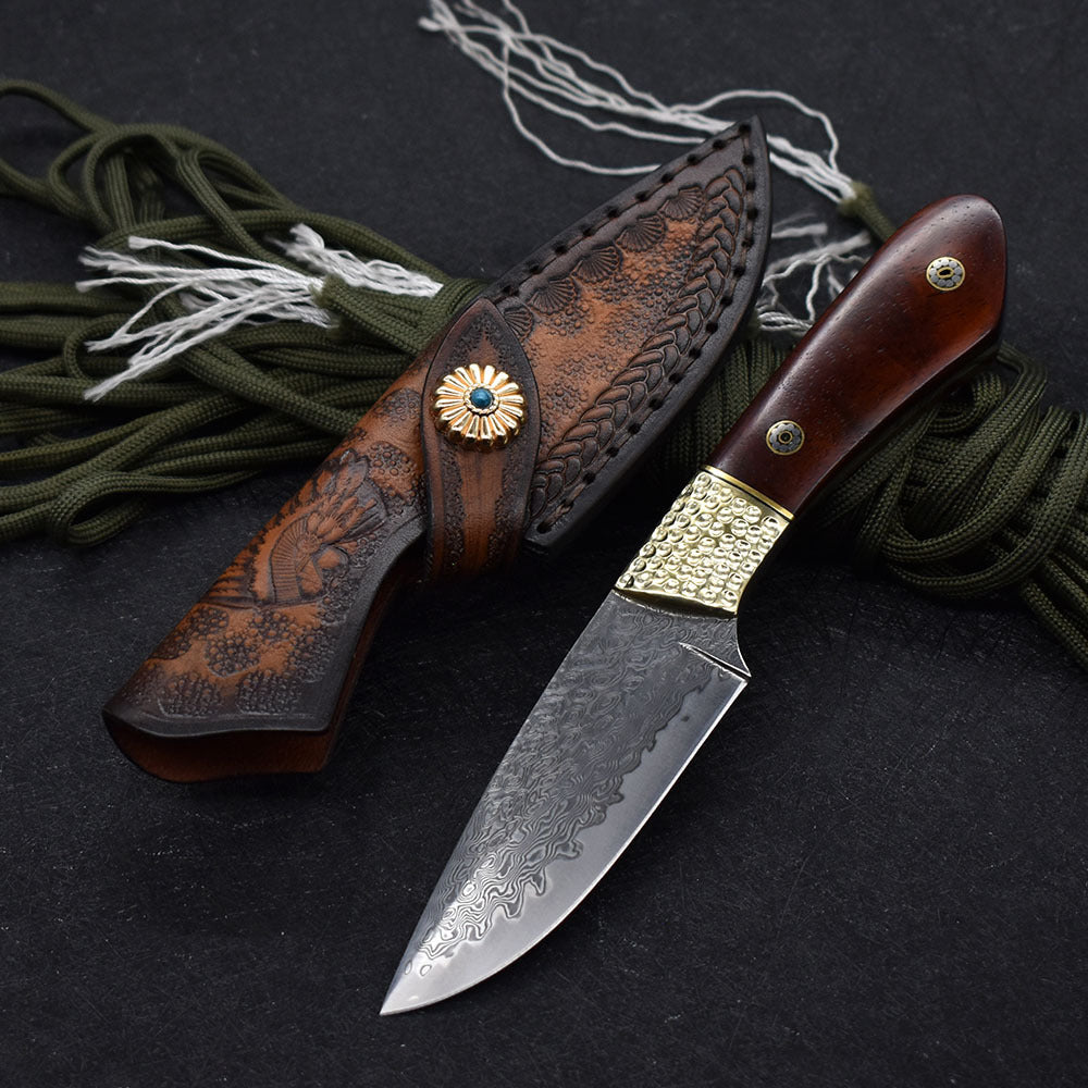 Damascus Steel Straight Pocket Knife High Hardness Camping Hunting