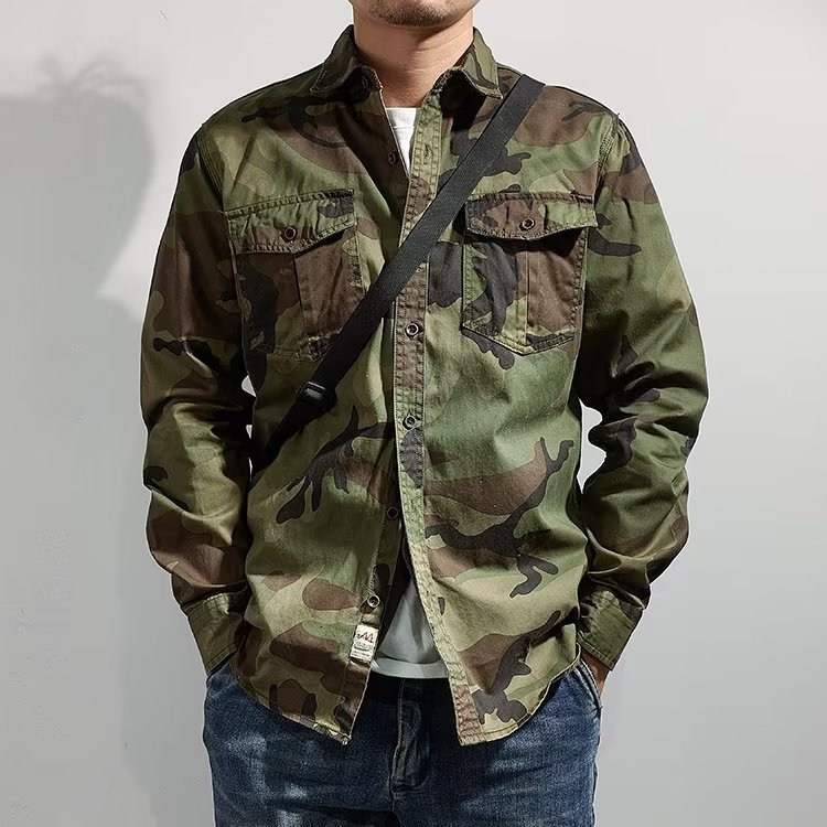 Men Distressed Washed Camouflage Casual Jacket